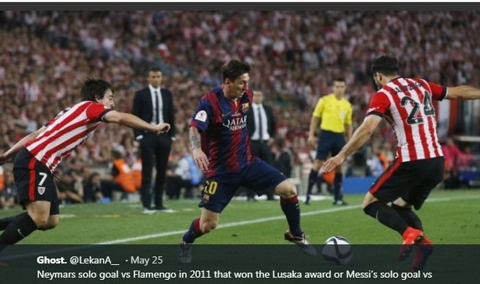 Aksi megabintang Barcelona, Lionel Messi, dalam final Copa del Rey 2015 melawan Athletic Bilbao.