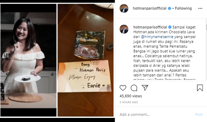 
Dapatkan kue khusus dari Tante Ernie, Hotman Paris sentil nama Ariel Noah. Tangkap layar Instagram/@hotmanparisofficial