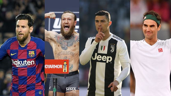 Kolase atlet pria. Lionel Messi, Connor McGregor, Cristiano Ronaldo dan Roger Federer.