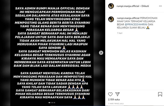 Pemilik akun gosip minta maaf ke Syahrini hingga akui ketakutan dan tertekan dengan laporan sang artis. (Tangkapan layar Instagram @rumpi.manja.official)