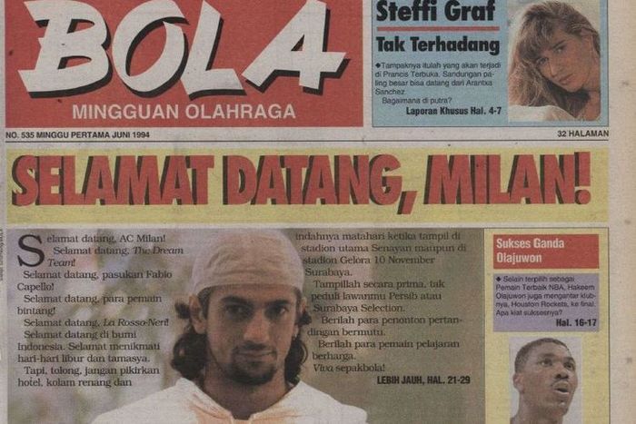 Halaman depan Tabloid Bola yang memberitakan kedatangan AC Milan untuk melawan Persib Bandung pada awal Juni 1994.
