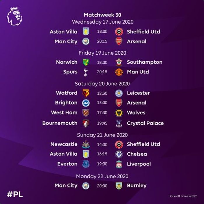 Jadwal Premier League setelah Liga Inggris dimulai lagi.