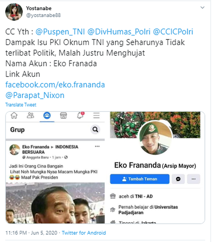 Akun Twitter ini melaporkan adanya ujaran kebencian yang dilakukan oleh akun Facebook dengan foto profil pria berseragam TNI
