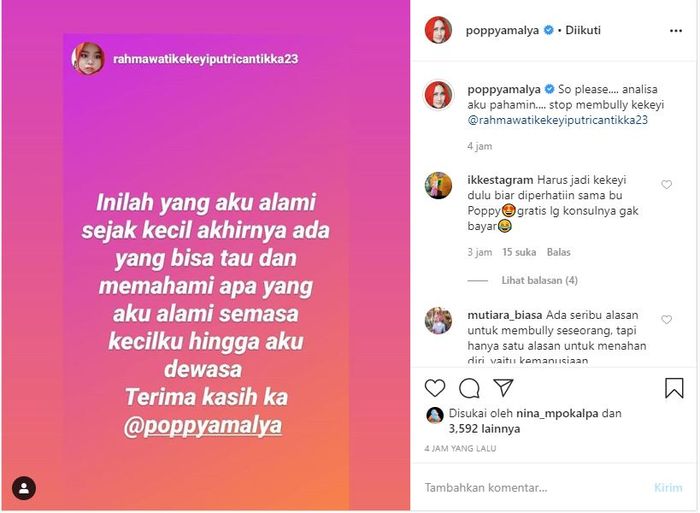 Unggahan Kekeyi terkait kondisi mentalnya hingga harus bertemu psikolog yang di-post ulang oleh Poppy Amalya