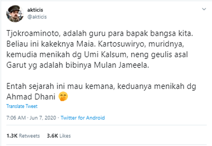 Hubungan kekerabatan Mulan Jameela dengan Kartosoewirjo, murid HOS Tjokroaminoto