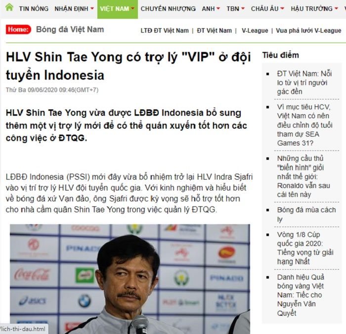 Pemberitaan media Vietnam yang menyebut Indra Sjafri asisten VIP Shin Tae-yong di timnas Indonesia.
