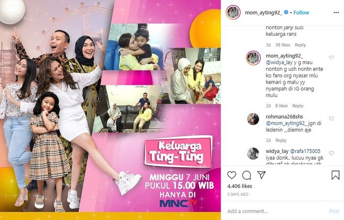 Ibu Ayu Ting Ting semprot netizen yang bandingkan acara tv Keluarga Ting Ting dengan Janji Suci