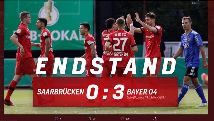 Bayer Leverkusen lolos ke final DFB Pokal atau Piala Jerman usai menekuk Saarbruecken di semifinal, 9 Juni 2020.