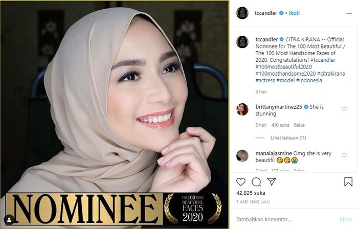 Nama Citra Kirana masuk dalam daftar100 wanita tercantik dunia.