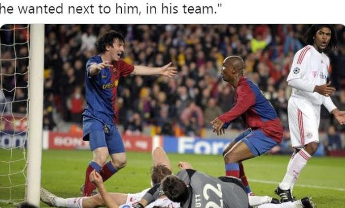 Lionel Messi dan Samuel Eto'o merayakan gol untuk Barcelona.