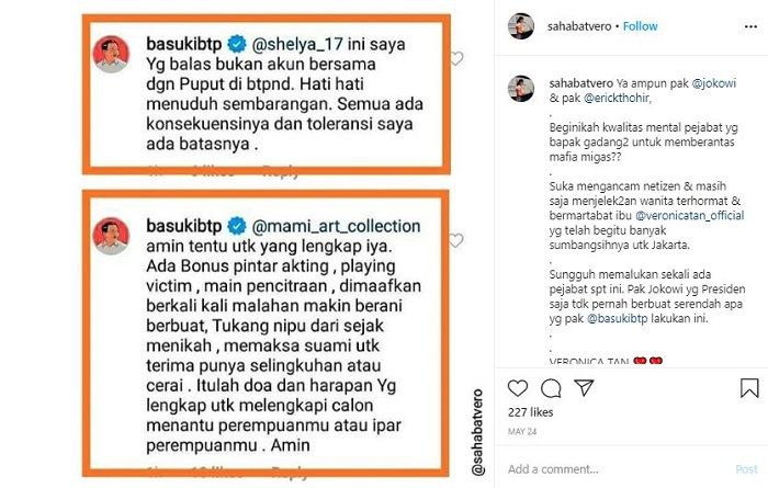 Balasan Ahok atas komentar netizen yang menyeret nama Veronica Tan