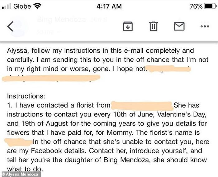 Email yang dikirim ayah Alyssa Mendoza