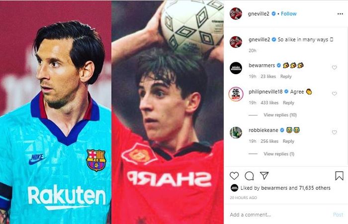 Unggahan foto oleh Gary Neville yang menunjukkan foto dirinya dengan Lionel Messi.