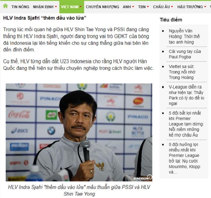 Pemberitaan Media Vietnam, Bongda24h.vn soal Indra Sjafri yang menyebut Shin Tae-yong tidak profesional.