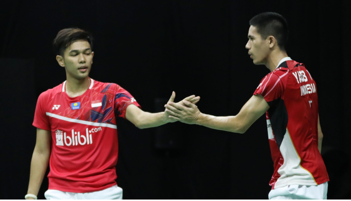 Pasangan ganda putra Indonesia, Fajar Alfian/Yeremia Erich Yoche Yacob Rambitan, ketika beraksi pada ajang PBSI Home Tournament, Rabu (24/6/2020).