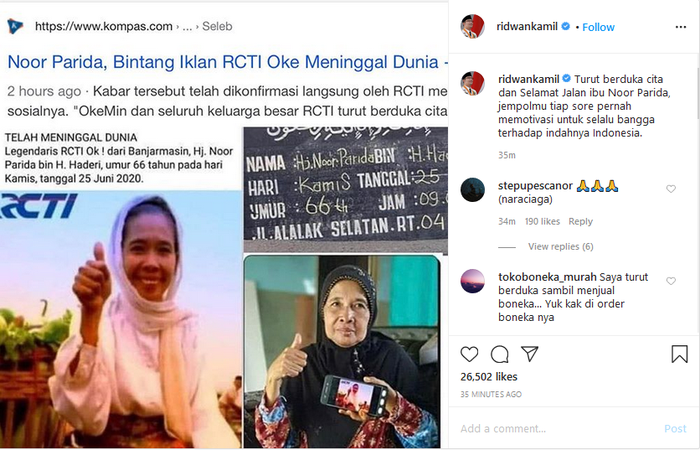 Ucapan bela sungkawa <a href='https://jambi.tribunnews.com/tag/ridwan-kamil' title='Ridwan Kamil'>Ridwan Kamil</a> atas <a href='https://jambi.tribunnews.com/tag/meninggal' title='meninggal'>meninggal</a>nya <a href='https://jambi.tribunnews.com/tag/noor-parida' title='Noor Parida'>Noor Parida</a>