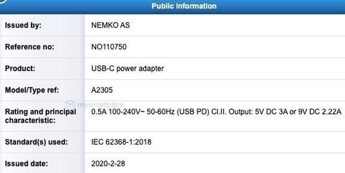 Sertifikan power adapter 20W iPhone 12 di NEMKO. (Mysmartprice)