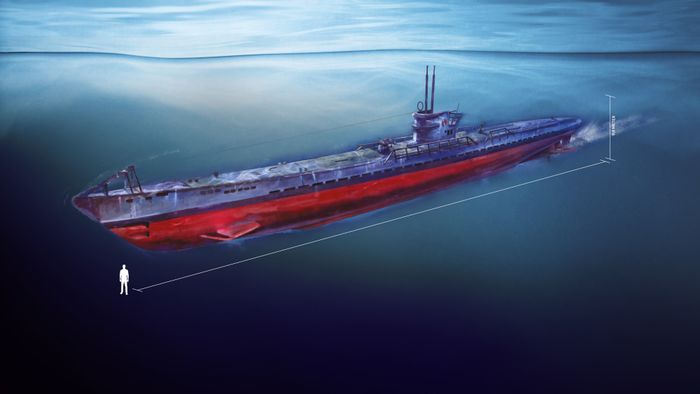 Ilustrasi U-Boot Tipe XI/40 yang ditemukan di dasar Laut Jawa pada akhir 2013 oleh Pusat Penelitian Arkeologi Nasional dan Balai Arkeologi Yogyakarta.