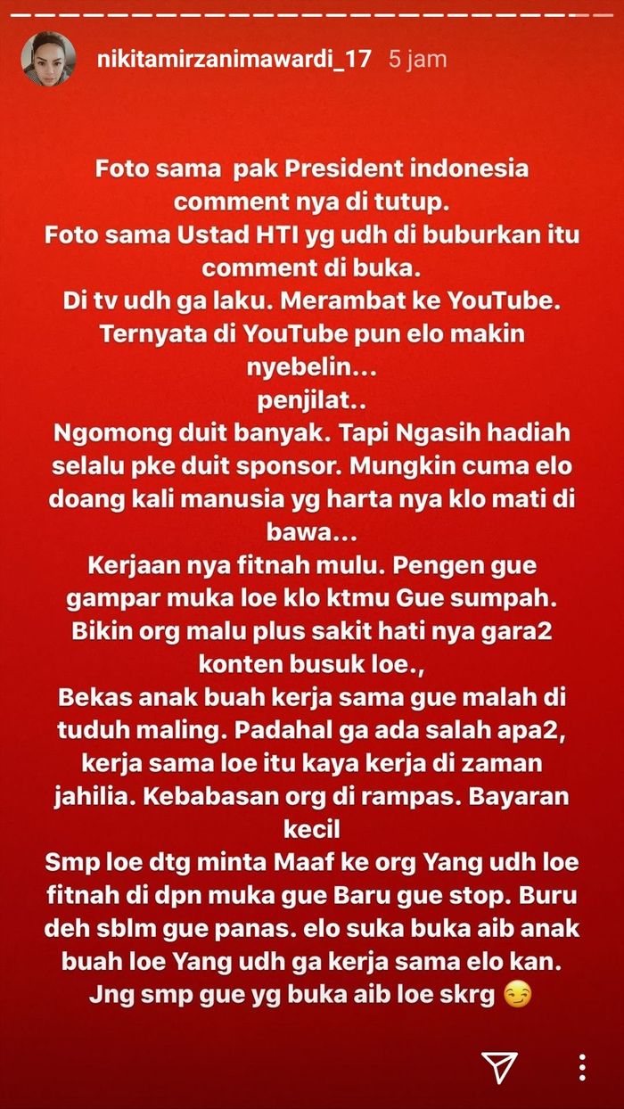 Nikita Mirzani sindir sosok yang diduga Baim Wong