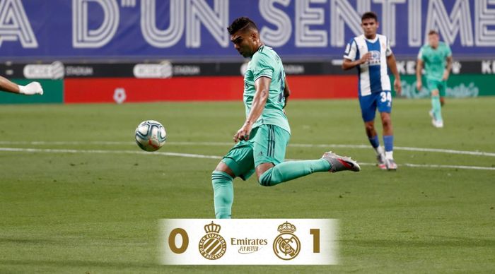 Casemiro berhasil mencetak satu-satunya gol Real Madrid saat melawan RCD Espanyol, Senin (29/6/2020) dini hari WIB.