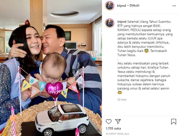 Ucapan selamat ulang tahun Puput Nastiti Devi saat rayakan ultah BTP untuk kedua kalinya bersama keluarga kecilnya.