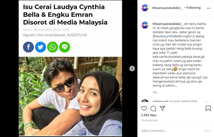 Unggahan <a href='https://jambi.tribunnews.com/tag/nyai-ratu-kidul' title='Nyai Ratu Kidul'>Nyai Ratu Kidul</a> soal perceraian <a href='https://jambi.tribunnews.com/tag/laudya-cynthia-bella' title='Laudya Cynthia Bella'>Laudya Cynthia Bella</a>