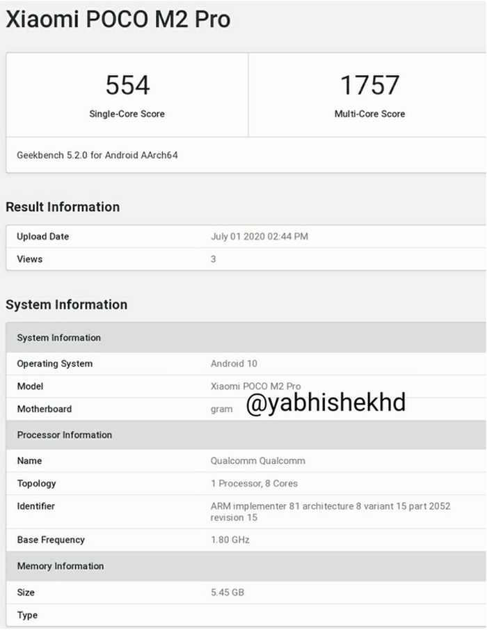 Bocoran sertifikat GeekBench perangkat Xiaomi Poco M2 Pro yang akan meluncur pada tanggal 7 Juli 2020.
