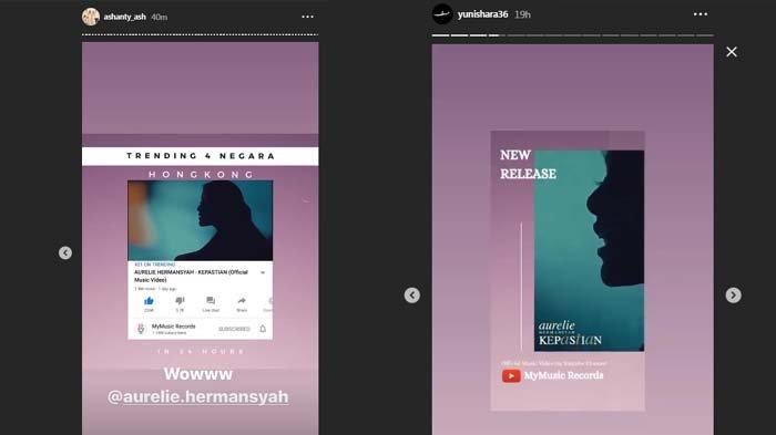 Unggahan Instagram Story Ashanty dan Yuni Shara yang mempromosikan lagu baru yang dinyanyikan Aurel