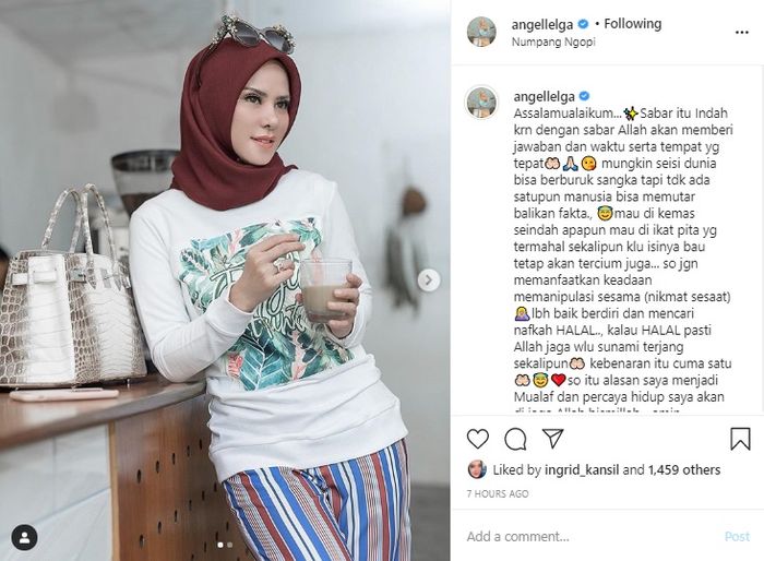 Seolah tahu mantan suaminya akan segera menghuni jeruji besi, Angel Lelga sempat curhat melalui unggahan di Instagram, Selasa (7/7/2020) siang.   