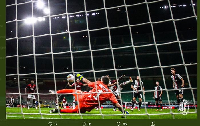 Proses lahirnya gol AC Milan ke gawang Juventus dalam laga Liga Italia di San Siro, 7 Juli 2020.