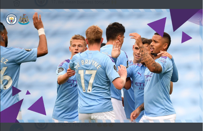 Pemain Manchester City saat merayakan gol yang dibuat Gabriel Jesus ke gawang Newcastle United pada laga Liga Inggris pekan ke-34, Rabu (8/7/2020).