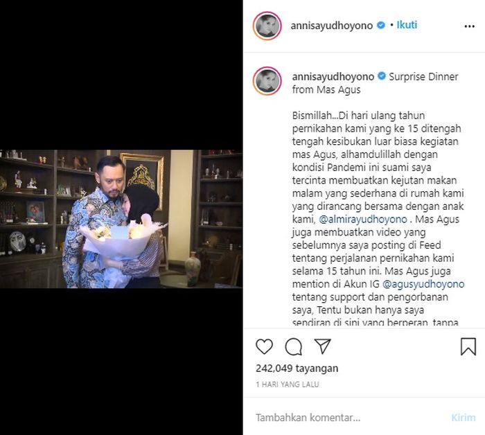 Annisa Pohan nangis diberi kejutan ulang tahun pernikahan oleh Agus Harimurti Yudhoyono.