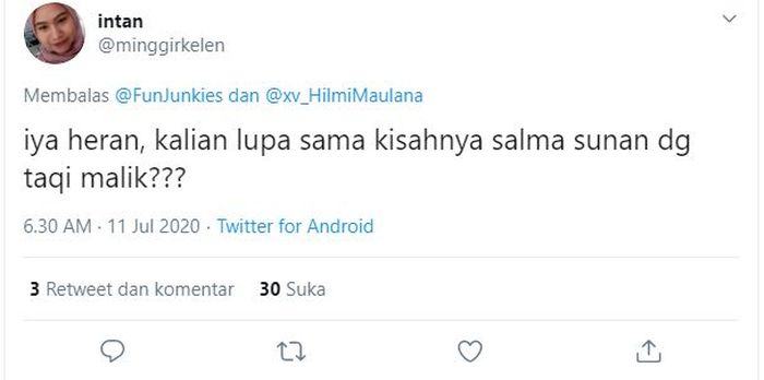 Balasan pengguna Twitter lain yang mengungkit kasus dari Salmafina Sunan-Taqy Malik
