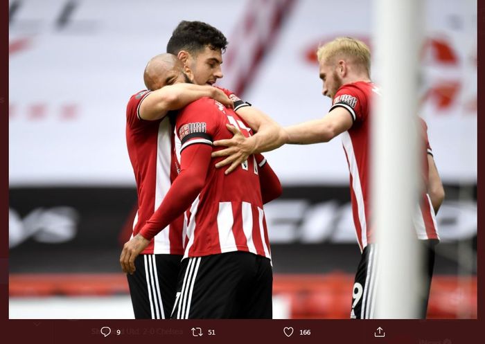 Para pemain Sheffield United merayakan gol mereka ke gawang Chelsea dalam partai Liga Inggris di Bramall Lane, 11 Juli 2020.