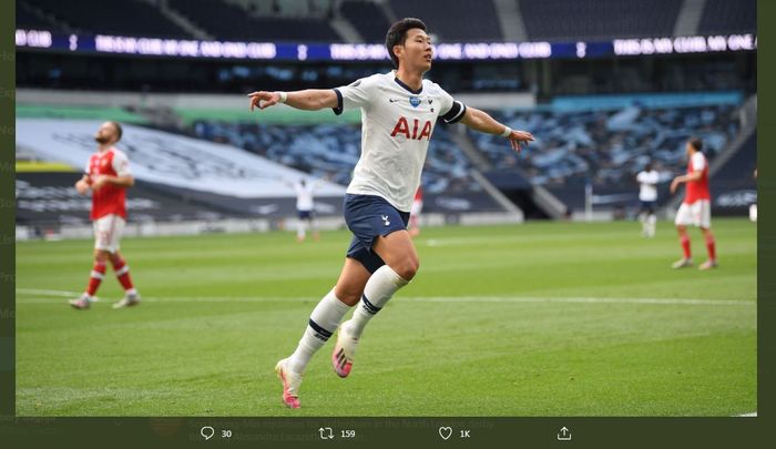 Son Heung-min merayakan golnya untuk Tottenham Hotspur ke gawang Arsenal dalam laga Liga Inggris di Tottenham Hotspur Stadium, 12 Juli 2020.TWITTER.COM/SPURSOFFICIAL