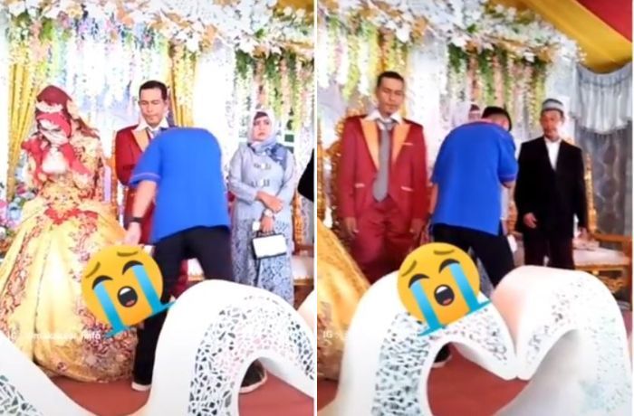 Seusai memeluk sang pengantin wanita, pria itu langsung menyium tangan si pengantin laki-laki dan keluarganya.
 