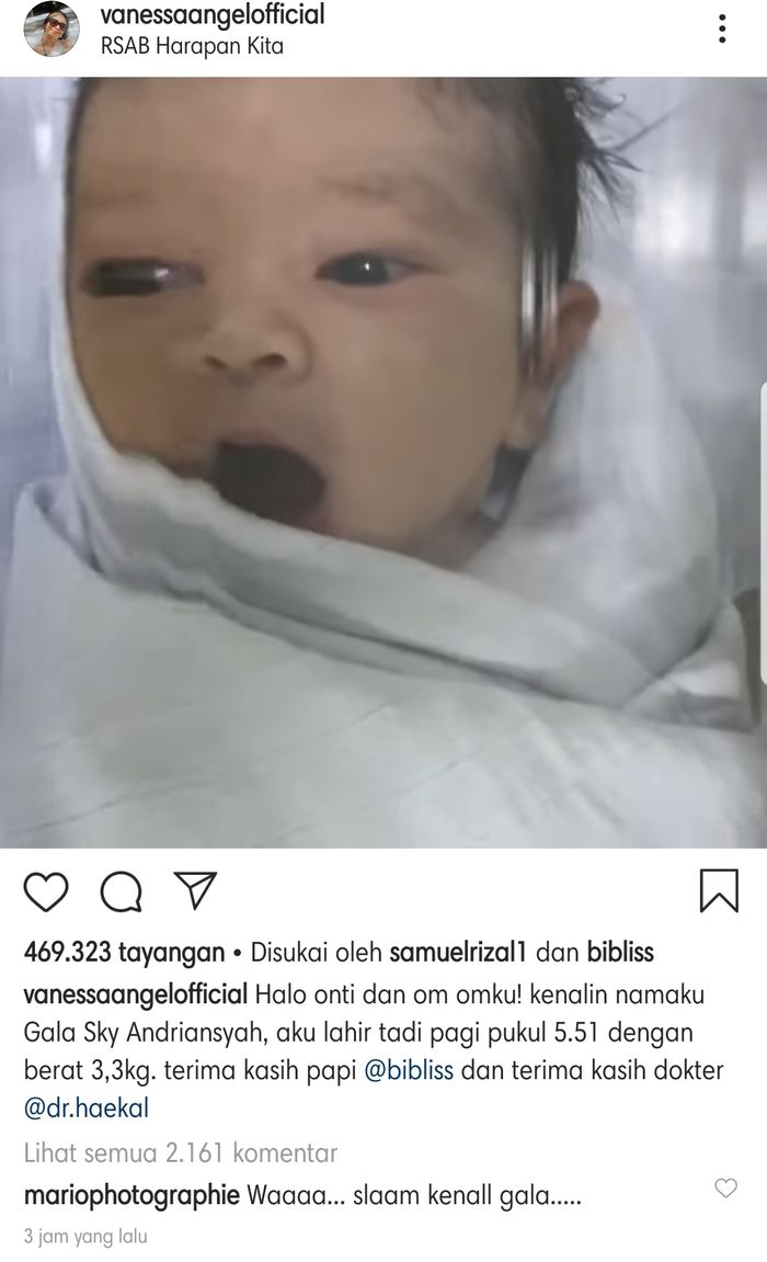 Vanessa Angel melahirkan buah hati pertamanya pada Selasa (14/7/2020) pagi hari.Instagram 