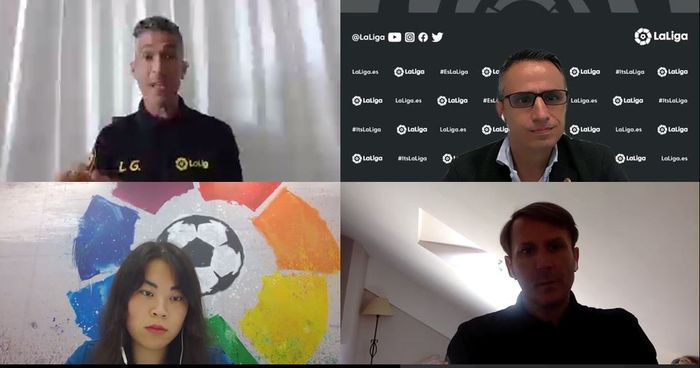 Jumpa pers virtual bersama legenda LaLiga Spanyol, Luis Garcia (kiri atas), Gaizka Mendieta (kanan bawah), dan perwakilan LaLiga, Ivan Codina (kanan atas), yang dihadiri BolaSport.com, 13 Juli 2020.