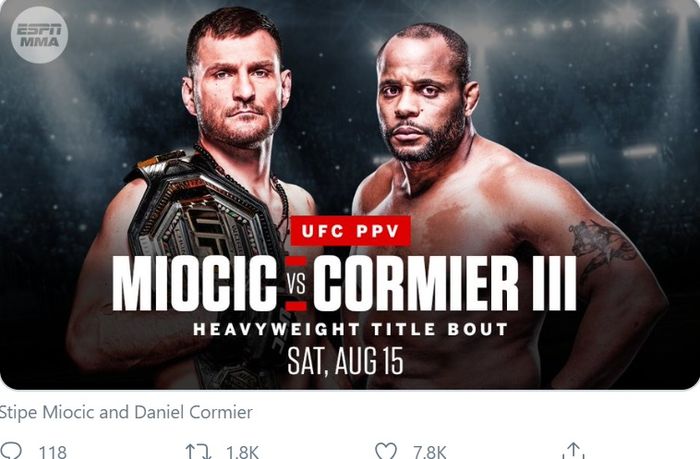 Duel Stipe Miocic vs Daniel Cormier bakal menjadi main event UFC 252, 15 Agustus 2020.