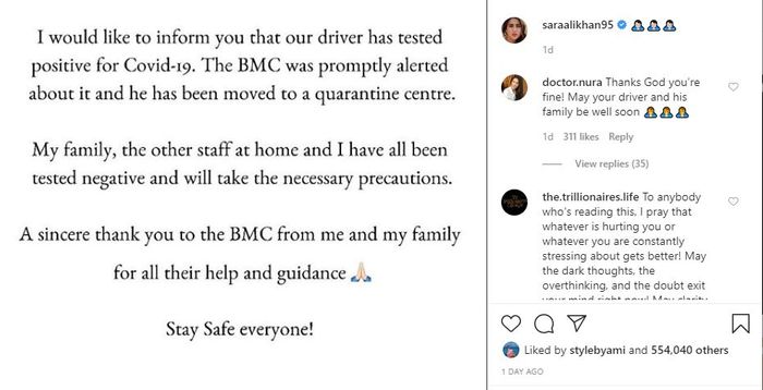 Sara Ali Khan mengumumkan supirnya terjangkit Covid-19