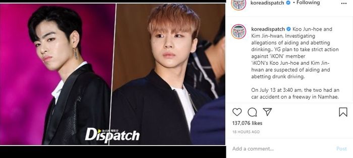 Dispatch mengabarkan, Junhoe dan Jinhwan iKON dicurigai membantu pengemudi menyetir mobil dalam keadaan mabuk.