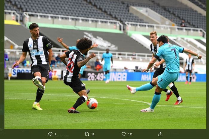 Son Heung-min mencetak gol ke gawang Newcastle United dalam laga pekan 36 Liga Inggris, 15 Juli 2020.