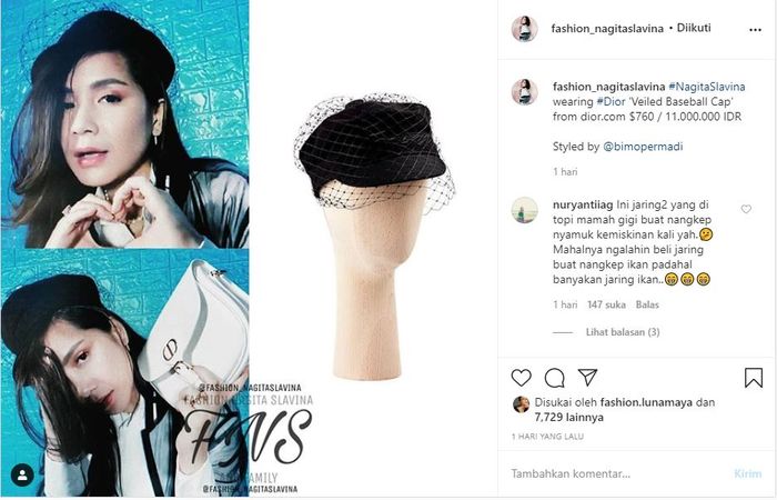 Instagram/@fashion_nagitaslavina__ Penampakan topi berjaring yang dipakai Nagita Slavina yang ternyata harganya belasan juta Rupiah.