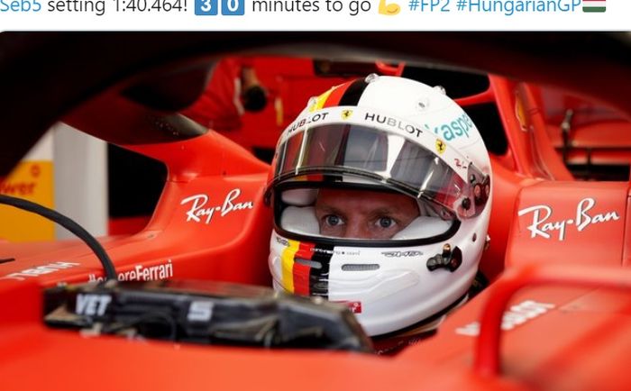 Pembalap Ferrari, Sebastian Vettel, menjadi pemilik waktu tercepat pada FP2 F1 GP Hungaria di Hungaroring, Hungaria, 17 Juli 2020.