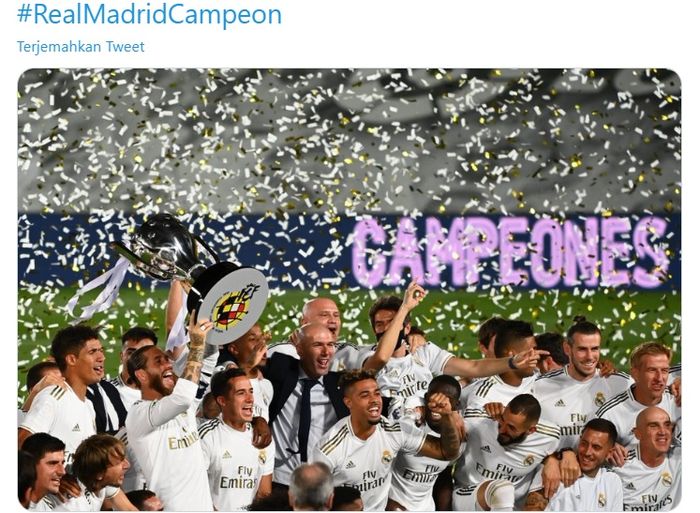 Real Madrid merayakan gelar Liga Spanyol setelah menekuk Villarreal pada laga pekan ke-37 Liga Spanyol, Kamis (16/7/2020) waktu setempat.