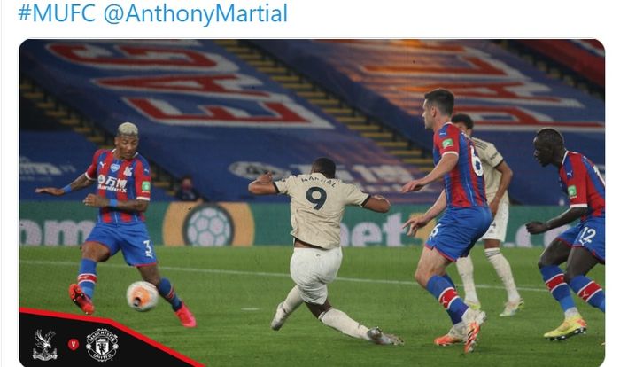 Striker Manchester United, Anthony Martial, berhasil mencetak gol ke gawang Crystal Palace pada laga pekan ke-36, Kamis (16/7/2020) waktu setempat.
