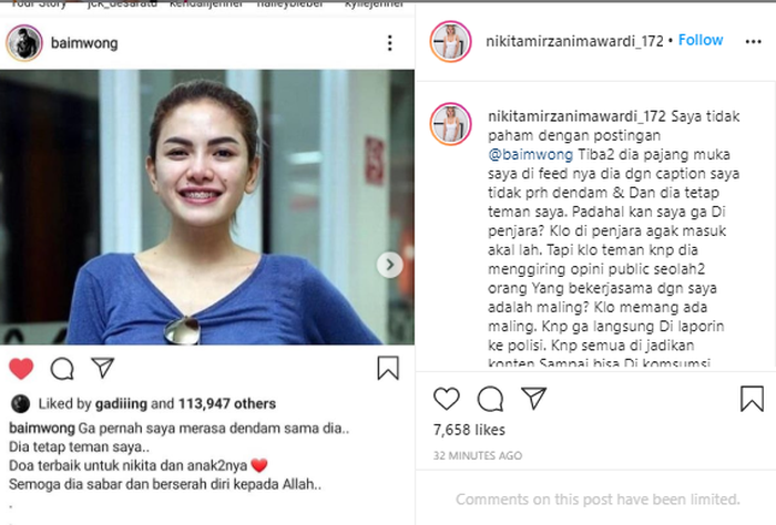 Nikita Mirzani balas unggahan Baim Wong.