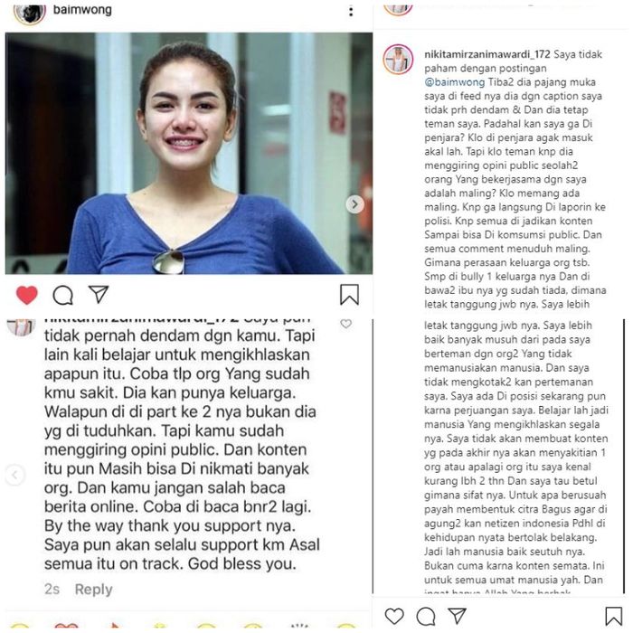 Nikita Mirzani unggah soal masalahnya dengan Baim Wong