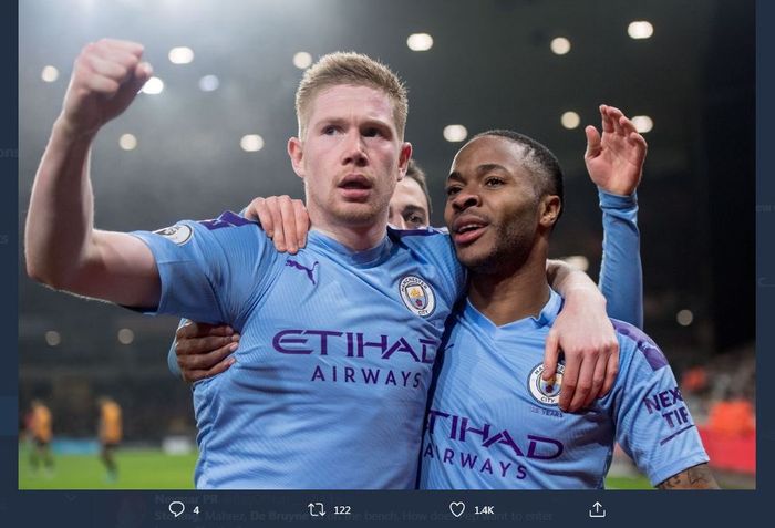 Dua andalan Manchester City, Kevin de Bruyne dan Raheem Sterling.