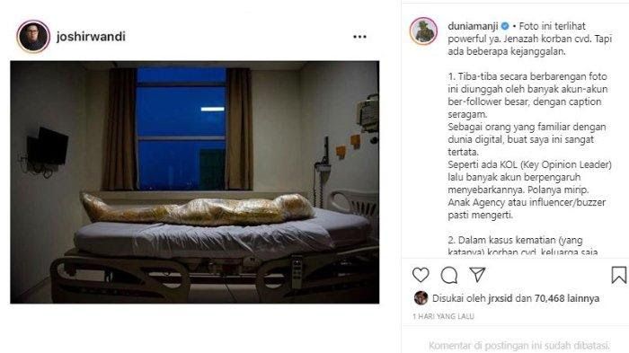 Musisi Anji mengomentari potret jenazah pasien Covid-19 karya Joshua Irwandi yang dianggapnya aneh dan ganjil. Unggahan ini disukai Jerinx SID.